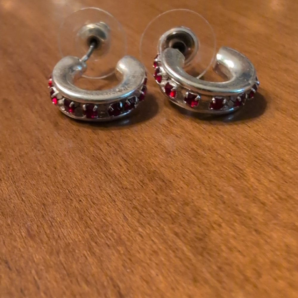 Elegant Silver and Red Gemstone Hoop Earrings